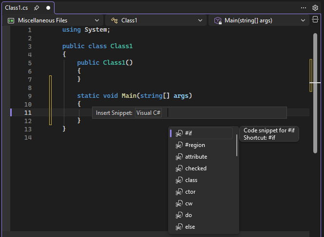 Screenshot of an IntelliSense pop-up for a C# code snippet list.