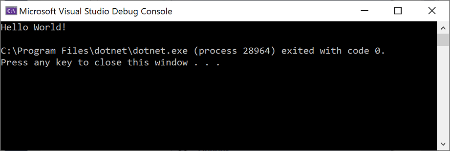 Screenshot of the Debug Console window showing the output Hello World! and Press any key to close this window.