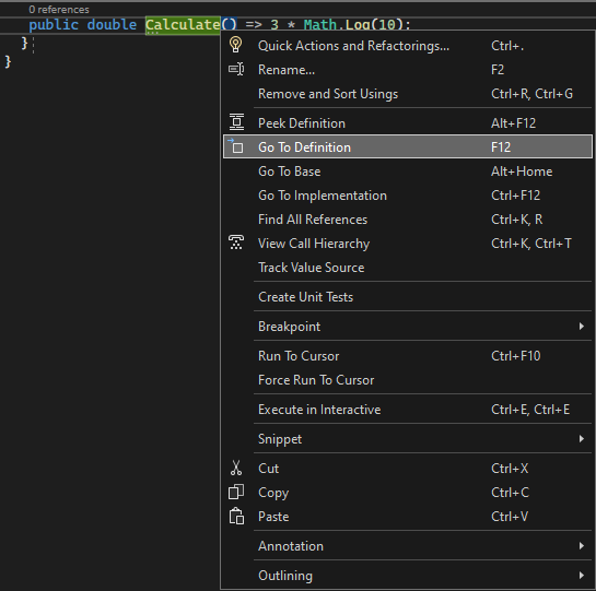 Screenshot that shows the Go to Definition menu item in Visual Studio 2022.