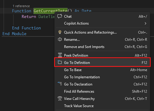 Screenshot that shows Go to Definition in Visual Studio.