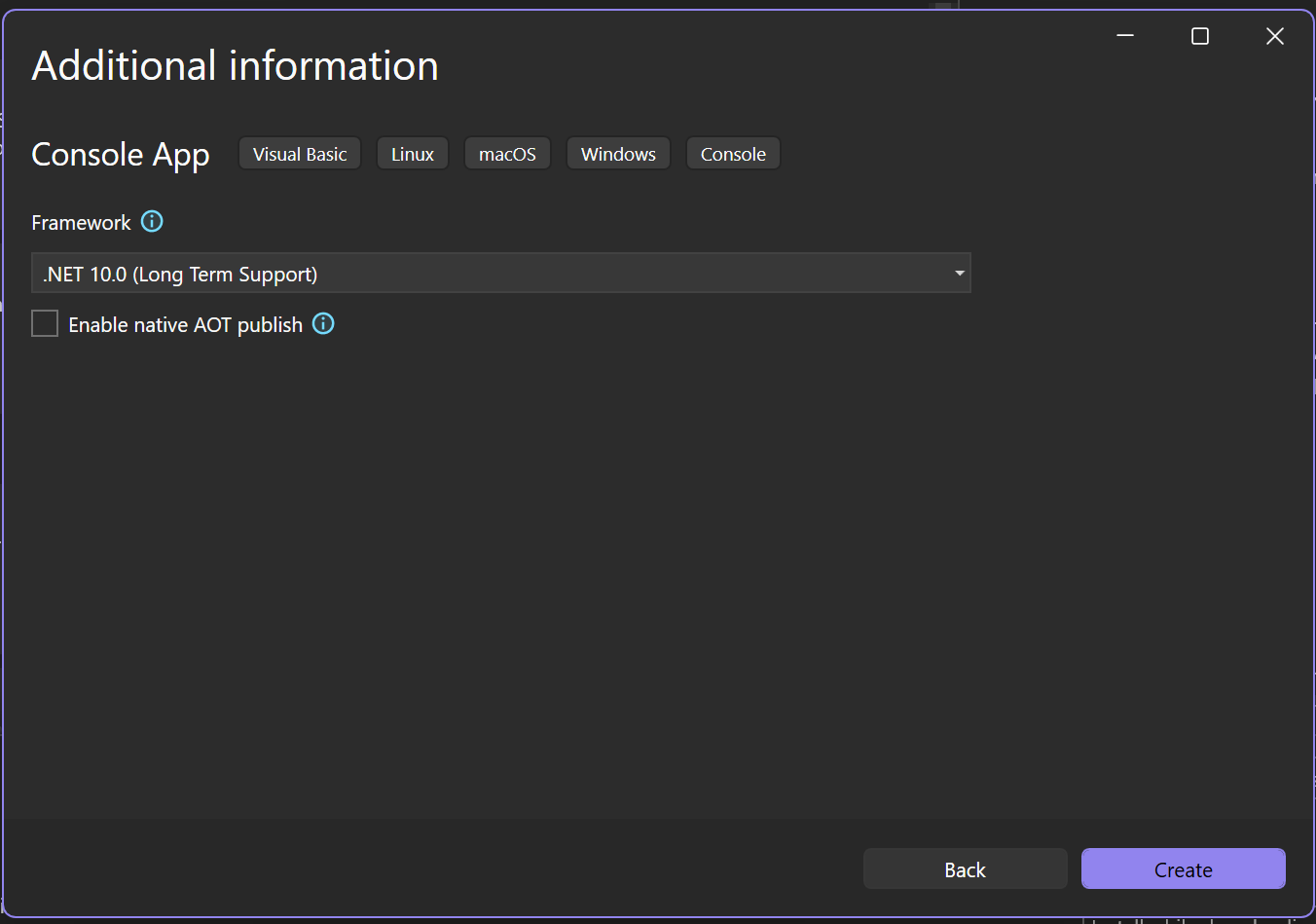 Screenshot showing the Additional information window in Visual Studio with .NET 10.0 selected as the target framework for the new project.