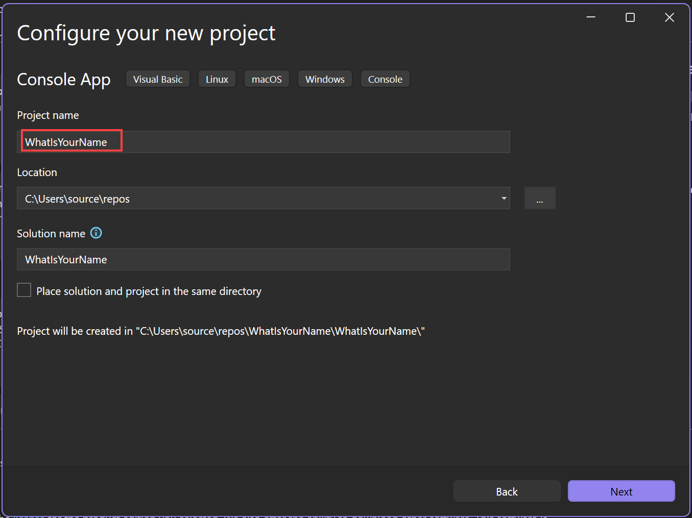 Screenshot showing the Configure your new project window in Visual Studio with the Project name field set to 'WhatIsYourName'.