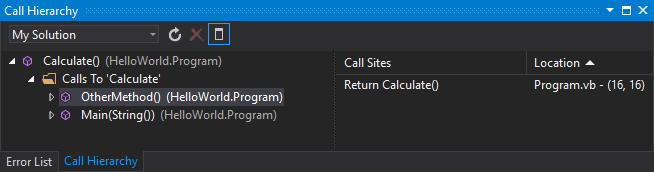 Screenshot that shows the Call Hierarchy window in Visual Studio 2022.
