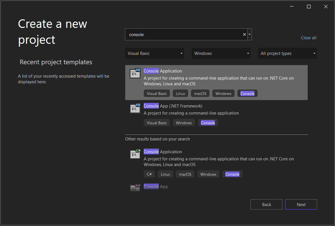 Screenshot showing the Create a new project window in Visual Studio 2022 with 'console' in the search box, and 'Visual Basic' and 'Windows' selected for the Language and Platform filters, and the Console App project template selected.