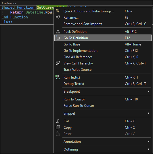 Screenshot that shows Go to Definition in Visual Studio 2022.