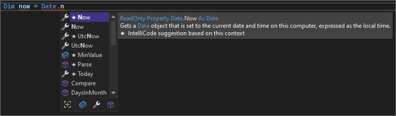 Screenshot that shows IntelliSense list members in Visual Studio 2022.