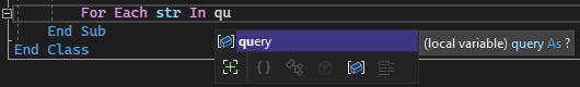 Screenshot of the IntelliSense word completion window for the word 'query' in the code editor in Visual Studio.