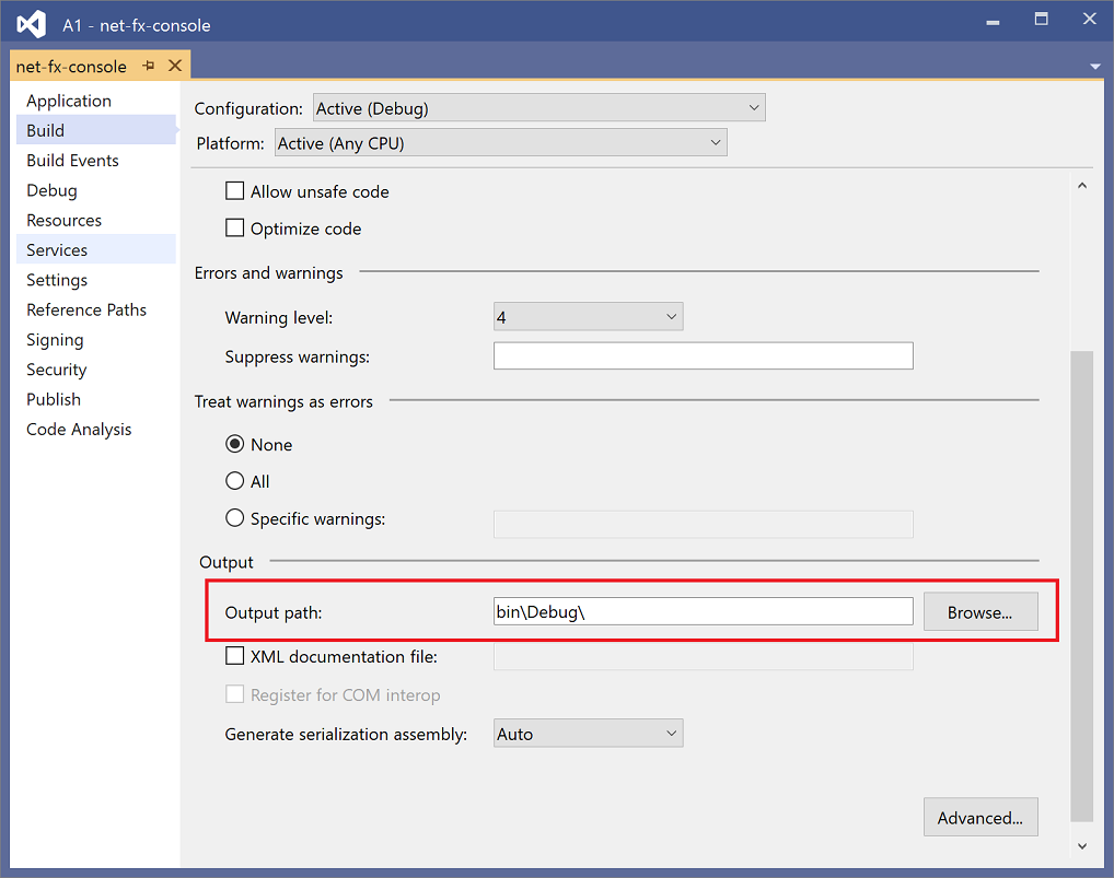 Screenshot that shows the Output path property for a C# .NET Framework project.