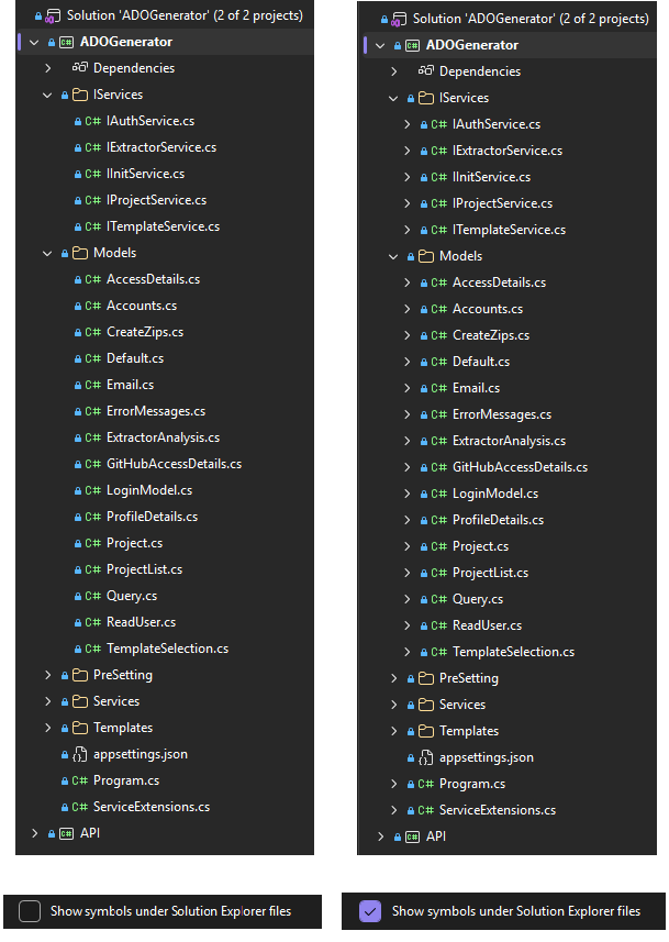 Side-by-side comparison of Solution Explorer with Show symbols under Solution Explorer files turned off on the left and turned on on the right.