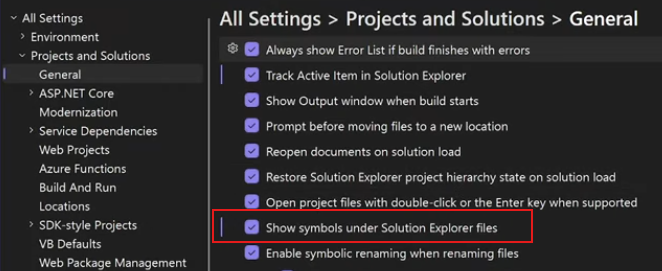 Screenshot showing the option to disable the 'showing symbols under solution explorer files' feature.