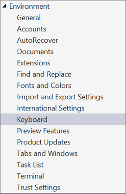 Screenshot of Environment options in Visual Studio 2022 with the Keyboard option selected.