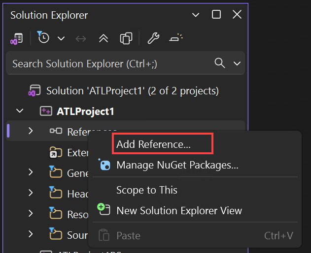 Screenshot of the Add Reference option from the right-click context menu.