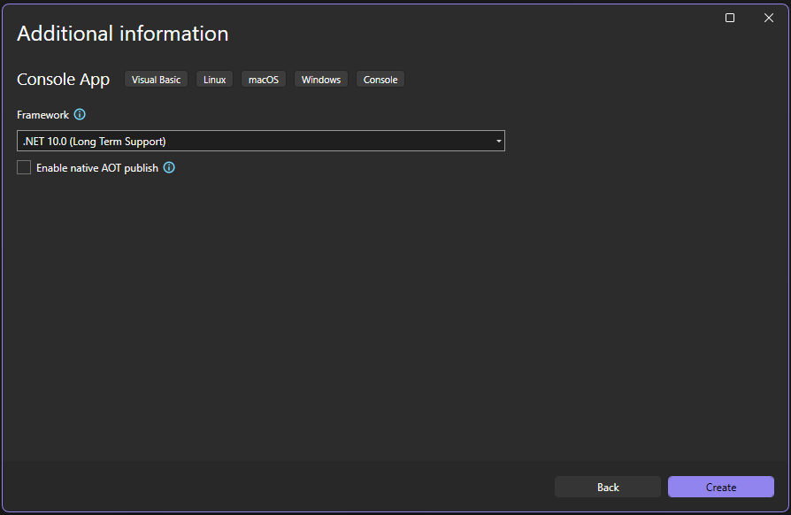 Screenshot of the Additional Information dialog in Visual Studio showing the selected .NET Framework version for the new project.