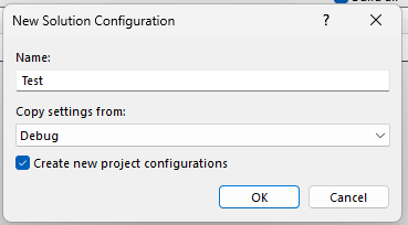 Screenshot showing creating a Test configuration in the New Solution Configuration dialog box.