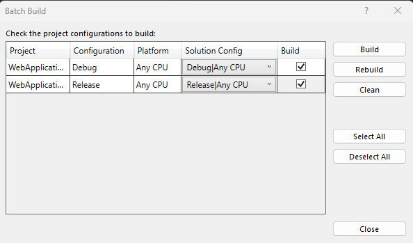 Screenshot of the Batch build dialog box.