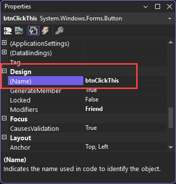 Screenshot shows the Name property with a value of btnClickThis.