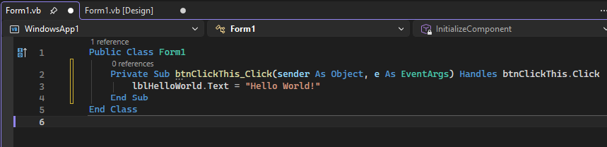 Screenshot shows a class in the Form1.vs tab where you can add Visual Basic code.