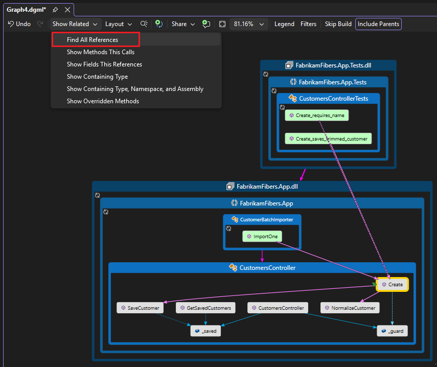 Screenshot that shows how to create a map of all references to specific code by using CodeLens in Visual Studio.