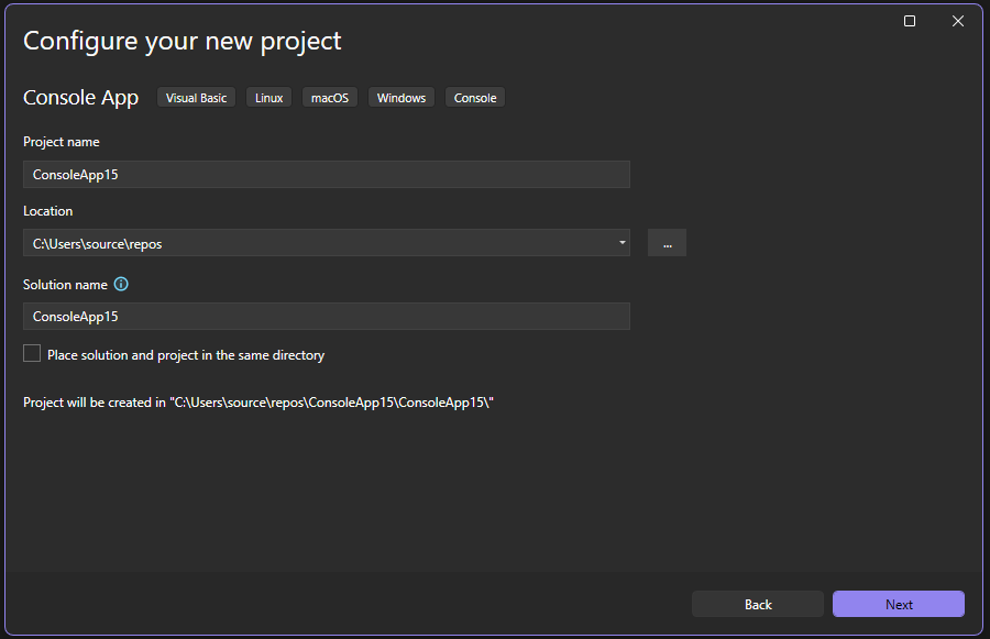 Screenshot showing the Configure your new project dialog in Visual Studio and the options to set, including the project name and project location.