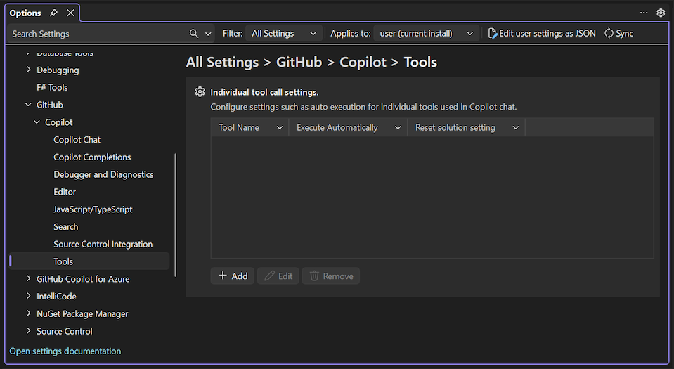 Screenshot that shows GitHub Copilot tool call settings in Visual Studio.