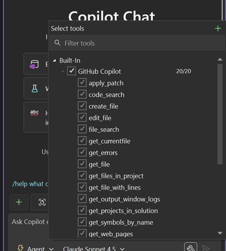 Screenshot that shows additional tools that agent mode uses.