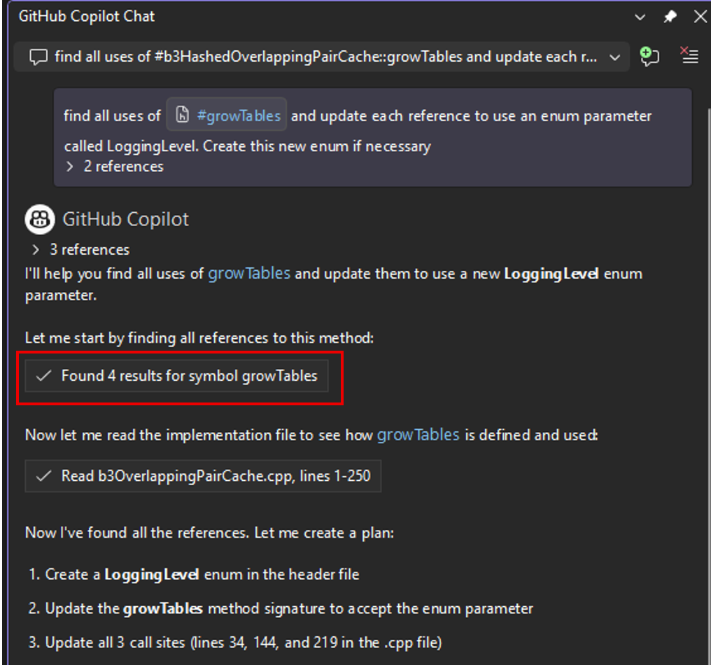 Screenshot that shows Copilot using the find_symbol tool to analyze and modify code across multiple files.