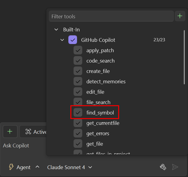 Screenshot that shows the find_symbol tool selected in the Copilot Chat pane.