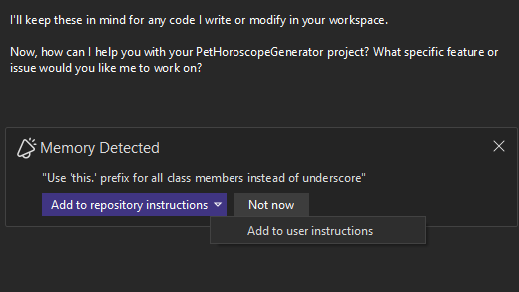 Screenshot of the memory detected notification showing options to save the preference to user or repo level instructions.