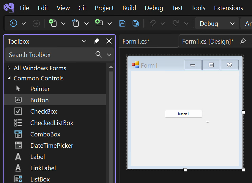 Screenshot that shows the form with a button just added.
