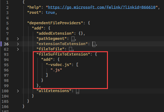 Screenshot that shows a fileSuffixToExtension rule.