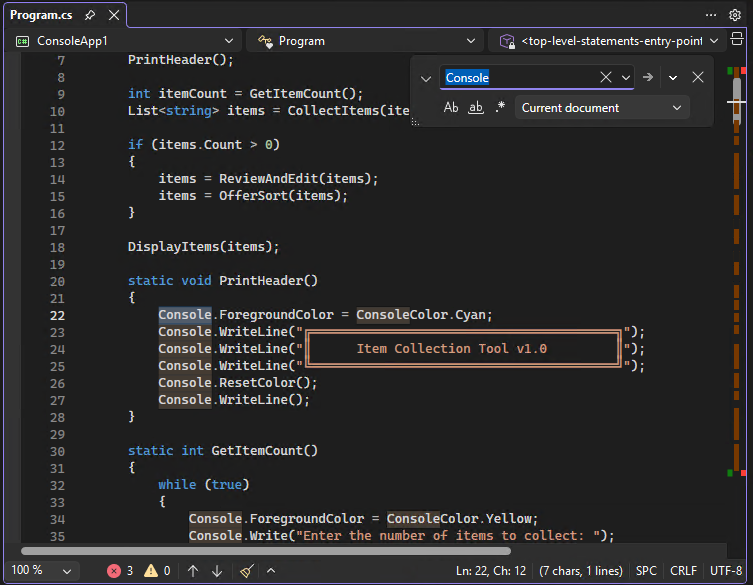 Screenshot of the Find and Replace dialog in the Editor in Visual Studio.