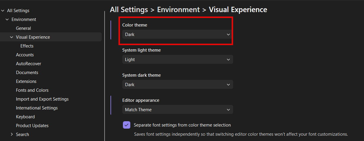 Screenshot of the Options pane where you can change the color theme.