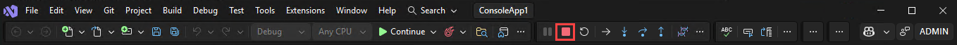 Screenshot of the Stop button in the debug toolbar.