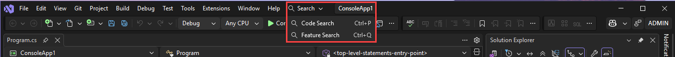 Screenshot of the Search box in Visual Studio.
