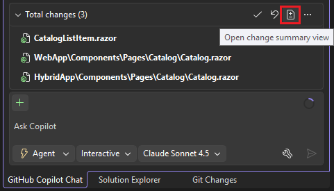 Screenshot showing the Open Changes Summary button in the Copilot Chat working set.