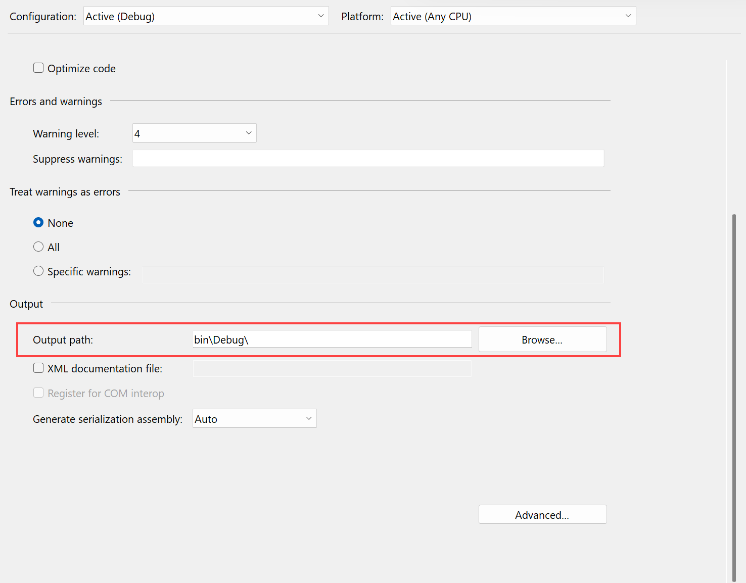 Screenshot that shows the Output path property for a C# .NET Framework project.
