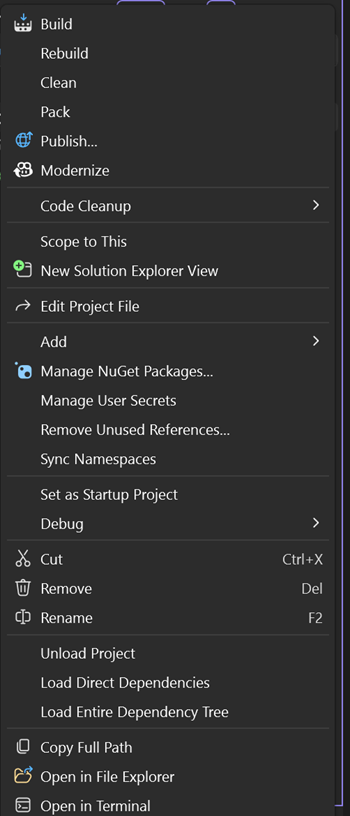 Screenshot of the right-click context menu from a project node in Solution Explorer.