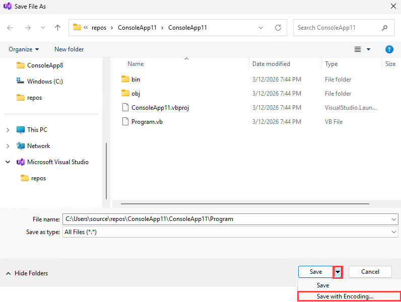 Screenshot that shows how to select the option to save a file with encoding in Visual Studio.