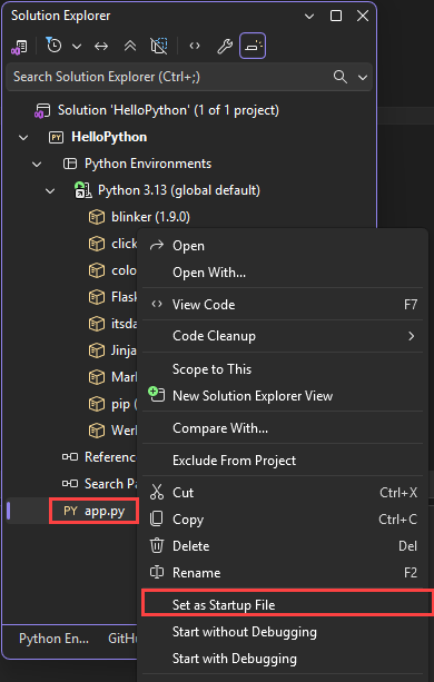 Screenshot that shows how to set the startup file for a project in Solution Explorer in Visual Studio.
