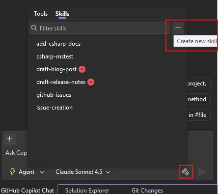 Screenshot that shows creating a new skill from the skills panel.