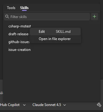 Screenshot that shows the skills panel where you can edit and open skills.