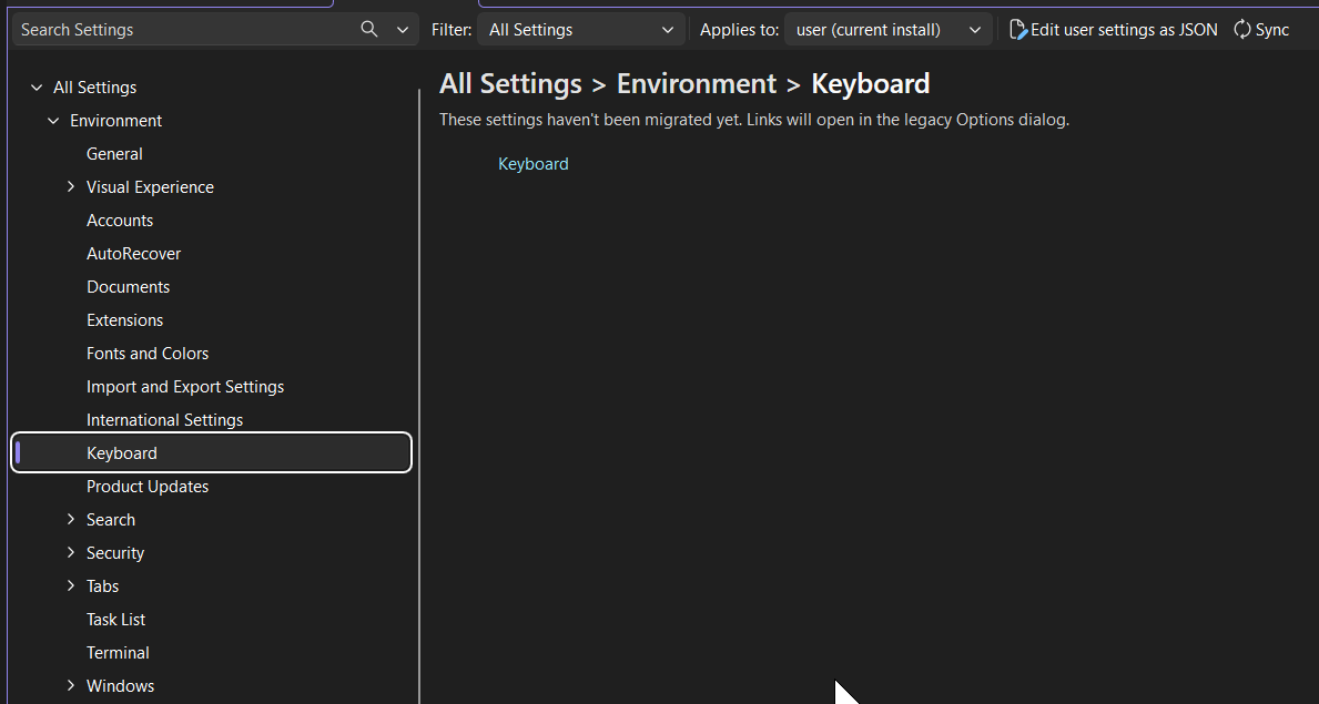 Screenshot of Environment options in Visual Studio with the Keyboard option selected.