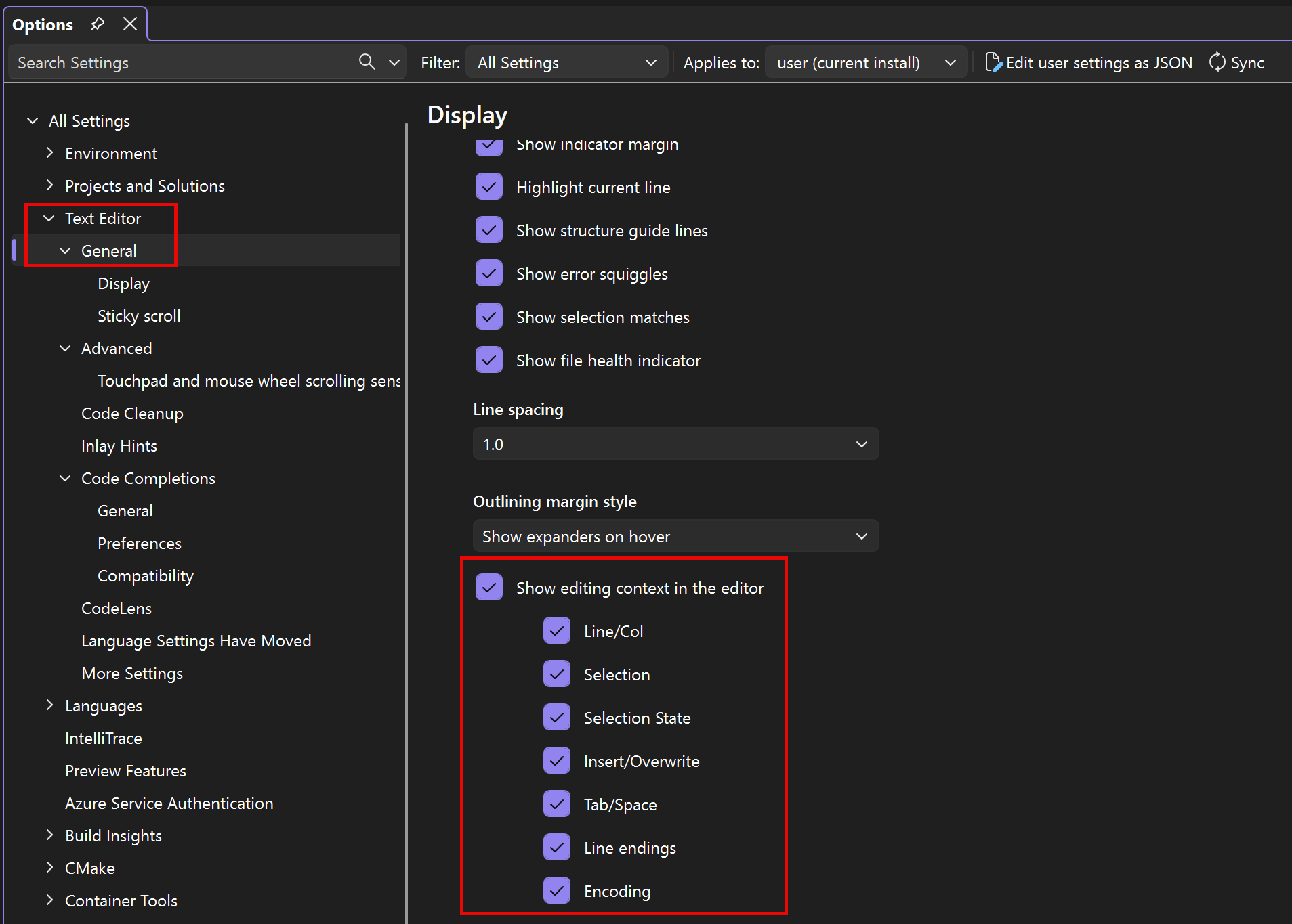 Screenshot of Tools > Options experience under Text Editor > General, with the setting Show editing context in the editor highlighted.
