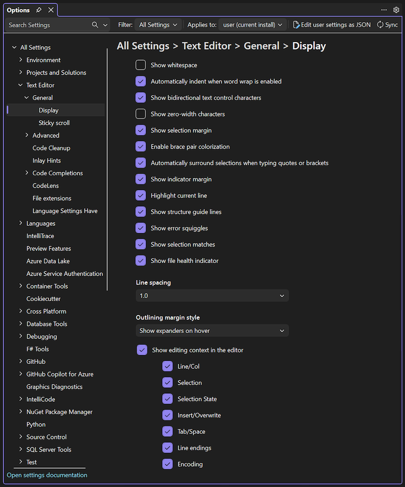 Screenshot of the Display setting for the Text Editor in the Tools Options pane.