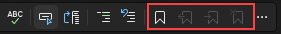Screenshot of Bookmark commands and icons in the Text Editor toolbar in Visual Studio.