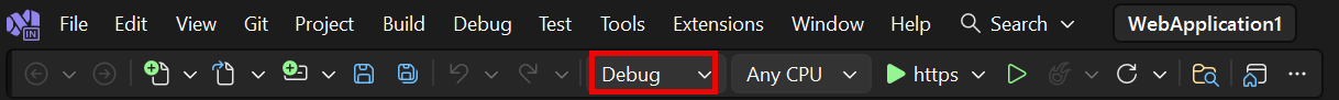 Screenshot showing the active configuration in the main Visual Studio toolbar.