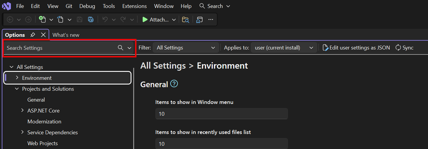 Screenshot of the search bar in Visual Studio settings.