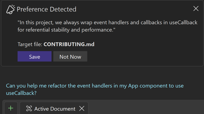 Screenshot of when Copilot detects a preference to add to memories.