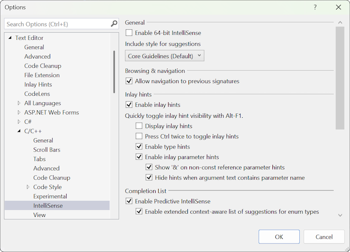 Screenshot that shows the IntelliSense options for C++ in the Tools Options dialog.