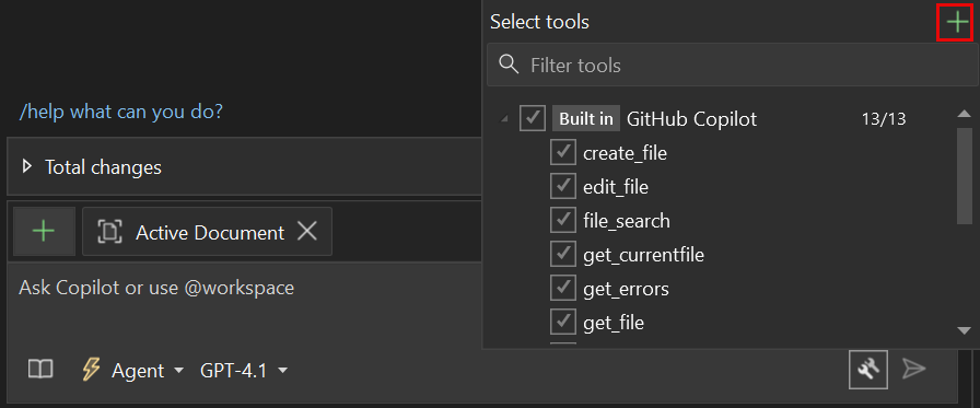 Screenshot of the plus button in the Visual Studio chat tool picker for adding an MCP server.
